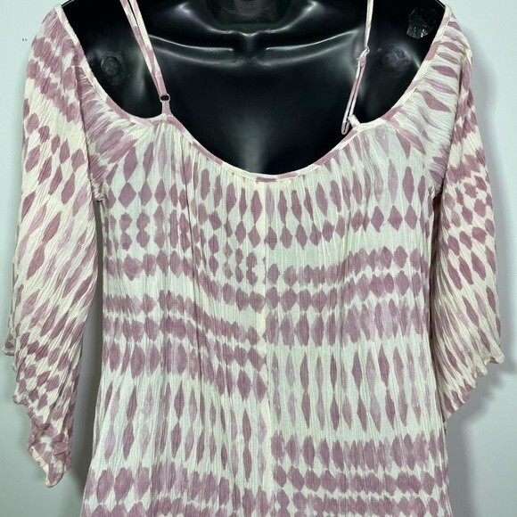 Lovestitch Cold Shoulder Tank Patterned Print 3/4 Sleeve Top Cream Pink Medium - Picture 4 of 11
